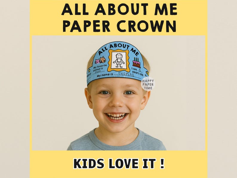 Corona de papel "Todo sobre mí", gorro para la vuelta al cole, diadema, manualidades para niños, imprimibles, recuerdo de cumpleaños, bricolaje - Descarga instantánea imagen 4