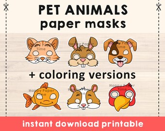 Pets Animal Masks Template Cat Dog Hamster Goldfish Bunny Parrot Crafting Kid Party Favor Printable, Party Printable, Instant Download