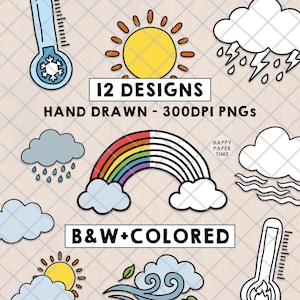 Puede incluir: Una colección de 12 diseños dibujados a mano con temática meteorológica en formato PNG, que incluye un arcoíris, un sol, nubes y un termómetro. Los diseños están disponibles en blanco y negro y en color. El texto de la imagen dice "12 DESIGNS", "HAND DRAWN - 300DPI PNGS" y "B&W+COLORED".