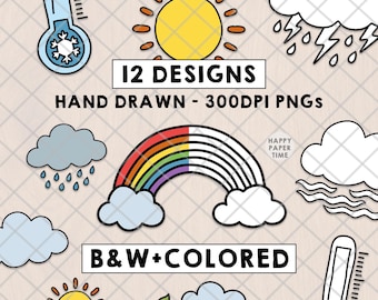 Wettertypen-Cliparts, Symbole, Linien-Cliparts, Wissenschaft, Meteorologie, PNG-Grafiken, Klassenzimmerdekoration, handgezeichnete Doodle-Cartoon-Design-Bundle-Set