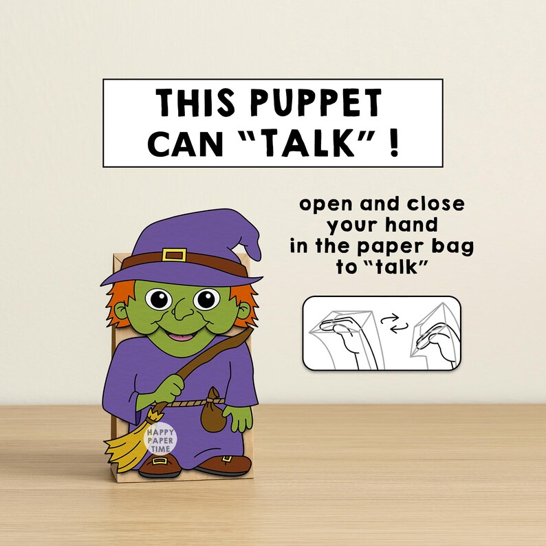 Witch Paper Bag Puppet Printable Halloween Craft Activity Cut Paste Coloring Spooky Day Magic Party Favor Instant Download image 7