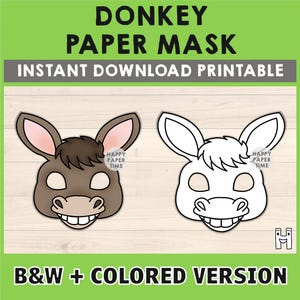 Donkey mask template costume kids diy farm animal party fun favor printable coloring easy craft activity for kids - Instant Download