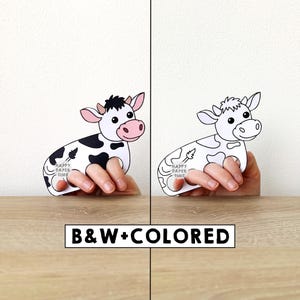 Vache en papier artisanat imprimable animal de la ferme marionnette à doigt enfants artisanat ferme fête d'anniversaire enfants marionnette à colorier imprimable téléchargement immédiat image 1