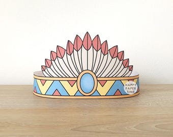 Native American Paper craft Headdress Crown Party template Printable Kids Indian Birthday Decor Headband Favor pdf Costume Instant Download