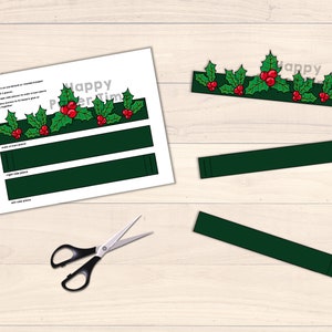 May include: Printable Christmas holly crown craft template with instructions. Cut out the pieces and glue together to make a festive crown.