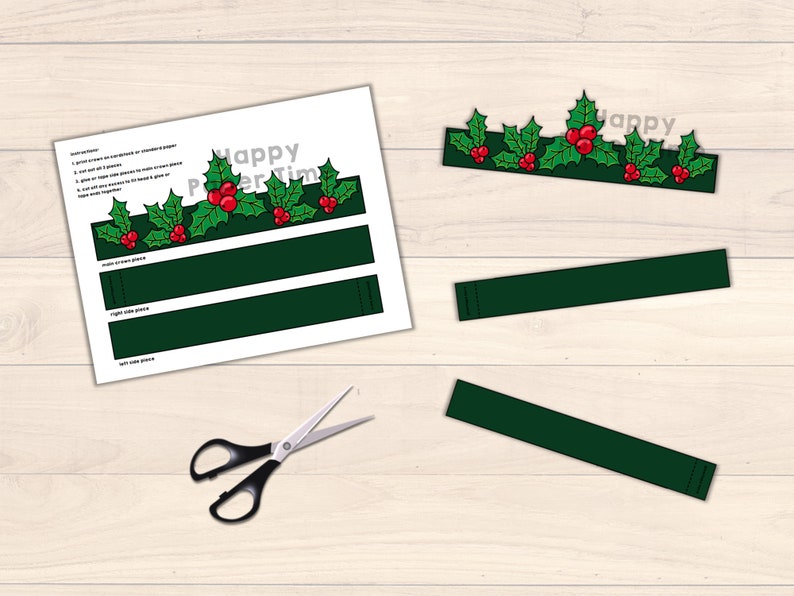 May include: Printable Christmas holly crown craft template with instructions. Cut out the pieces and glue together to make a festive crown.