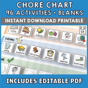 May include: A printable chore chart with 96 activities and blank squares. The chart is divided into sections for evening, morning, and afternoon. Each section has a variety of activities, such as reading, art, outdoors, snack time, help someone, school, writing, homework, pick up toys, set alarm, pajamas, and brush teeth. The chart also includes a "DONE" section with a checkmark. The chart is designed to be used with a dry-erase marker.
