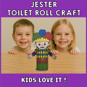 Jester Toilet Paper Roll Craft Medieval Fantasy Party Coloring Printable Decoration Kids Play Cut out Glue DIY - Instant Download image 4