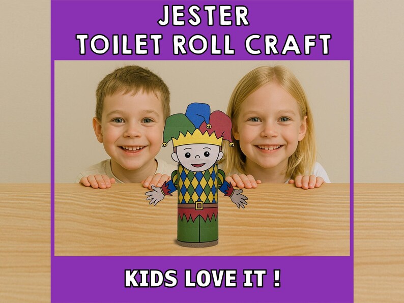 Jester Toilet Paper Roll Craft Medieval Fantasy Party Coloring Printable Decoration Kids Play Cut out Glue DIY - Instant Download image 4