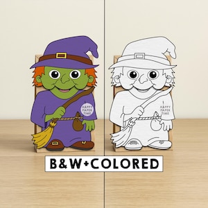 May include: A wooden Halloween decoration featuring a cartoon witch in purple attire, holding a broom and a small bag. The witch has green skin, orange hair, and a purple hat. The text "HAPPY PAPER TIME" is on the witch's shirt. The image also shows a black and white version.