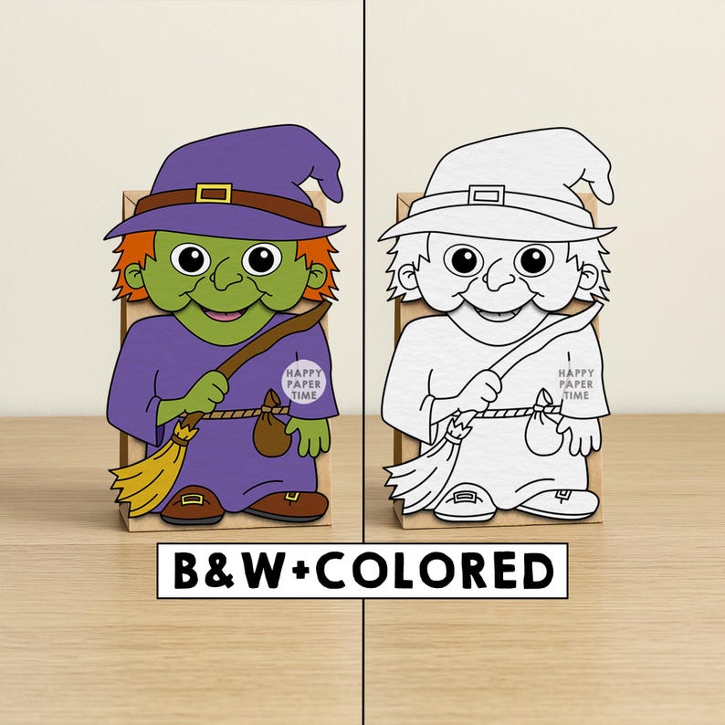 May include: A wooden Halloween decoration featuring a cartoon witch in purple attire, holding a broom and a small bag. The witch has green skin, orange hair, and a purple hat. The text "HAPPY PAPER TIME" is on the witch's shirt. The image also shows a black and white version.