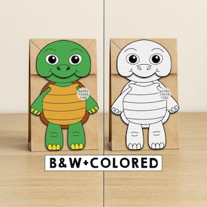 May include: Two brown paper bags with turtle-shaped cutouts. One turtle is colored green, yellow, and brown, the other is a black and white outline. The text "HAPPY PAPER TIME" is on each cutout. The text "B&W+COLORED" is at the bottom.