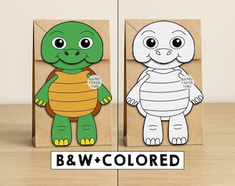 Turtle Paper Bag Puppet Tortoise Printable Pet Animal Craft Activity Cut Paste Coloring Party Favor Instant Download
