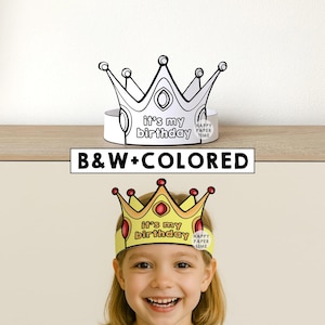Plantilla de papel de cumpleaños de princesa coronada, para colorear, para fiestas, imprimible, para niños, manualidades, decoración de cumpleaños, imprimible, recuerdo en PDF, regalo DIY - Descarga instantánea imagen 1