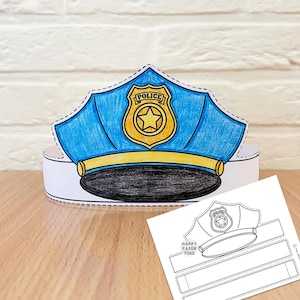 Politiepet, hoed, papieren kroon, feestkleurplaat, printbaar knutselwerkje voor kinderen, politieagentkostuum, verjaardagscadeautje, printbaar pdf-kostuum, doe-het-zelf, direct te downloaden