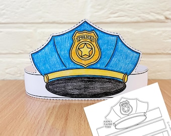 Gorra de policía, corona de papel, fiesta, colorear, imprimible, manualidades para niños, disfraz de policía, regalo de cumpleaños, imprimible en PDF, disfraz DIY, descarga instantánea