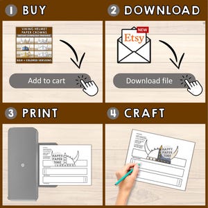 May include: A four-step guide to creating Viking helmet paper crowns. The steps are: buy, download, print, and craft. The image shows a printable template, a printer, and a hand holding a pencil.