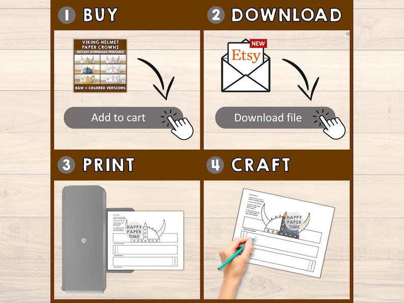 May include: A four-step guide to creating Viking helmet paper crowns. The steps are: buy, download, print, and craft. The image shows a printable template, a printer, and a hand holding a pencil.