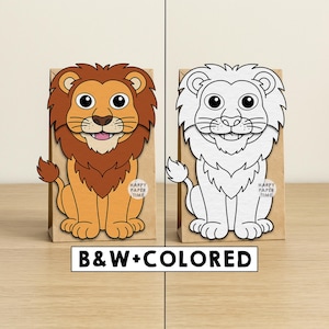 Lion Paper Bag Puppet Printable African Zoo Animal Craft Activity Cut Paste Coloring Party Favor Instant Download