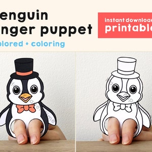 Penguin paper craft printable Finger Puppet template Kids Craft activity Animal Birthday Party Coloring paper print out - Instant Download