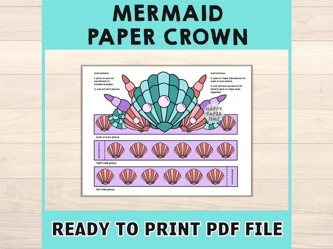 Mermaid Paper Crown Coloring Printable Kids Craft Mermaid Birthday ...