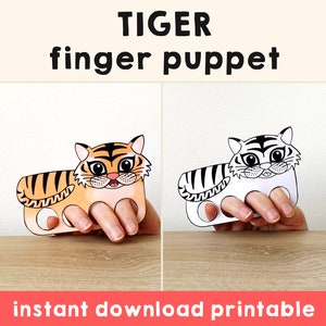 Tiger paper craft printable Jungle animal Finger Puppet Kids Craft Bear Birthday Party Kids Coloring Puppet Printable Instant Download image 1