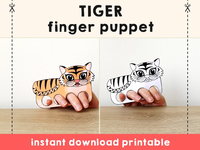 Tiger paper craft printable Jungle animal Finger Puppet Kids Craft Bear Birthday Party Kids Coloring Puppet Printable Instant Download image 1