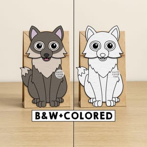 Wolf Paper Bag Puppet Printable Forest Animal Craft Activity Cut Paste Coloring Woodland Party Favor Instant Download