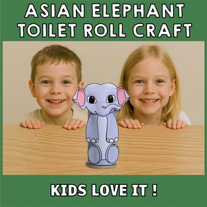 Peut inclure: Deux enfants, un gar&ccedil;on et une fille, sourient et regardent la cam&eacute;ra. Ils se penchent sur une table en bois avec un &eacute;l&eacute;phant de dessin anim&eacute; gris et rose fabriqu&eacute; &agrave; partir d'un rouleau de papier toilette au centre. Le texte "ASIAN ELEPHANT TOILET ROLL CRAFT" est en haut de l'image et "KIDS LOVE IT!" est en bas.