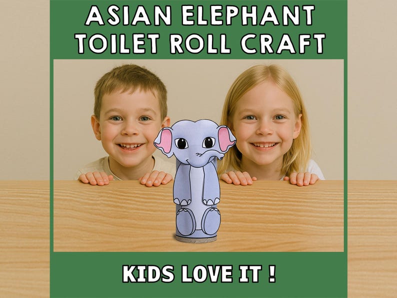 Peut inclure: Deux enfants, un gar&ccedil;on et une fille, sourient et regardent la cam&eacute;ra. Ils se penchent sur une table en bois avec un &eacute;l&eacute;phant de dessin anim&eacute; gris et rose fabriqu&eacute; &agrave; partir d'un rouleau de papier toilette au centre. Le texte "ASIAN ELEPHANT TOILET ROLL CRAFT" est en haut de l'image et "KIDS LOVE IT!" est en bas.