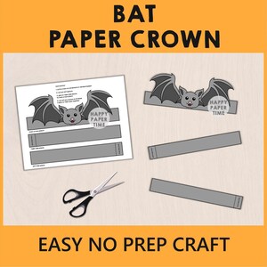 May include: A DIY bat paper crown craft kit. The image shows a printed template with instructions, a completed crown, and separate strips for adjustment. The text "BAT PAPER CROWN" and "EASY NO PREP CRAFT" are displayed.