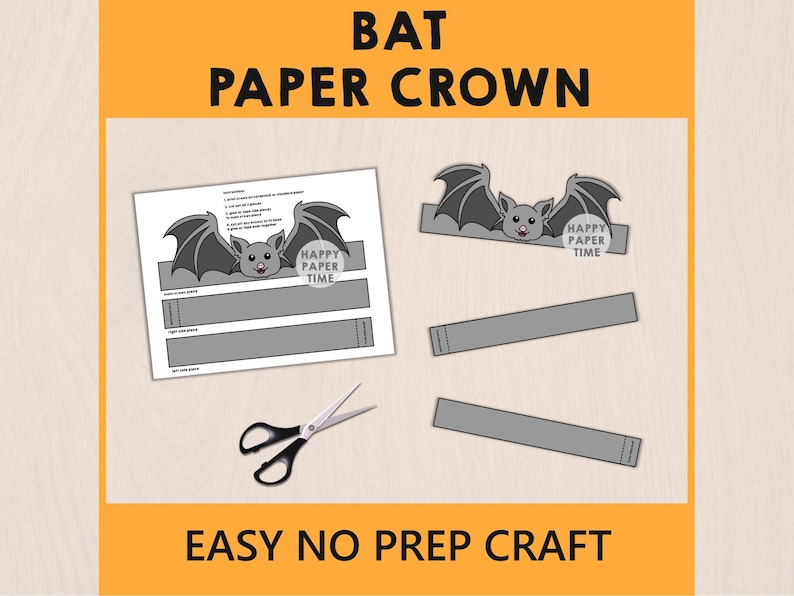 May include: A DIY bat paper crown craft kit. The image shows a printed template with instructions, a completed crown, and separate strips for adjustment. The text "BAT PAPER CROWN" and "EASY NO PREP CRAFT" are displayed.