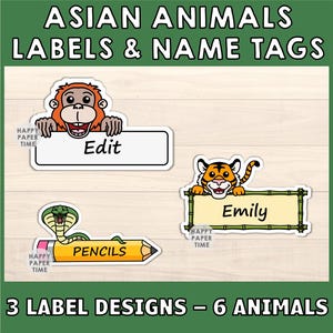 Puede incluir: Etiquetas y etiquetas con animales asi&aacute;ticos. El dise&ntilde;o incluye un orangut&aacute;n, un tigre y una serpiente con las palabras "Edit", "Emily" y "Pencils". La imagen tambi&eacute;n incluye el texto "3 LABEL DESIGNS - 6 ANIMALS".