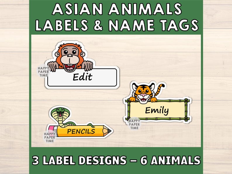 Puede incluir: Etiquetas y etiquetas con animales asi&aacute;ticos. El dise&ntilde;o incluye un orangut&aacute;n, un tigre y una serpiente con las palabras "Edit", "Emily" y "Pencils". La imagen tambi&eacute;n incluye el texto "3 LABEL DESIGNS - 6 ANIMALS".