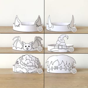 Halloween Paper Crowns Witch Zombie Bat Devil Frankenstein Printable Costume DIY Party Kids Headband hat Craft Favor Coloring Download