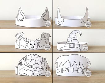 Halloween Paper Crowns Witch Zombie Bat Devil Frankenstein Printable Costume DIY Party Kids Headband hat Craft Favor Coloring Download