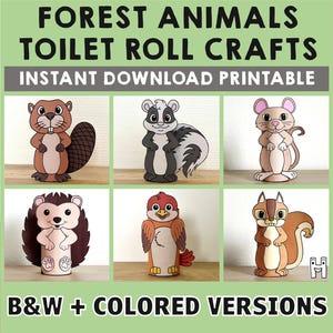 Rotolo di carta igienica con animali della foresta, lavoretto per feste nella foresta, da colorare, stampare, decorare, giocare con la natura, ritagliare, incollare, fai da te - Download immediato