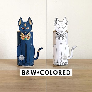 Rolo de papel higiênico de gato egípcio, artesanato antigo, festa do Egito, colorir, decoração para imprimir, artesanato de história infantil, cortar e colar, download instantâneo