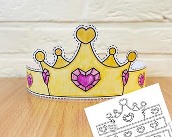 Coroa de papel em formato de coração para princesa, tiara para festa, atividade imprimível para crianças, decoração doce e fácil para o Dia dos Namorados, lembrancinha em PDF - Download instantâneo