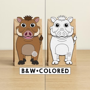 May include: Two brown paper bags featuring a warthog illustration. One bag displays a colored warthog with brown fur, pink snout, and white tusks. The other bag shows a black and white line art version. Both bags include the text HAPPY PAPER TIME.
