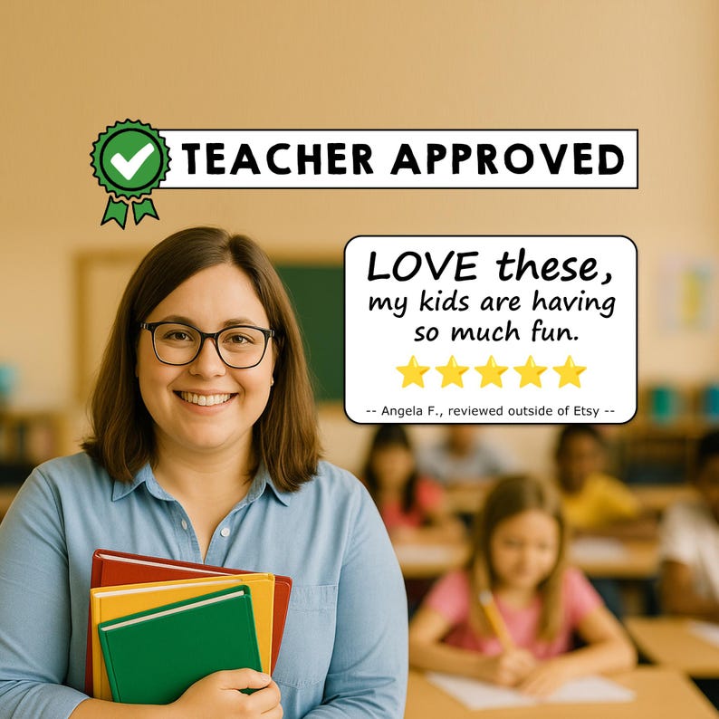 May include: A person with brown hair and glasses wearing a light blue shirt, holding three stacked notebooks in red, yellow, and green. Text reads: TEACHER APPROVED and LOVE these, my kids are having so much fun, with five yellow stars and a review credit.