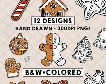 Lebkuchenmann-Cliparts, Symbole, Linienzeichnungen, Weihnachts-Winter-PNG-Klassenzimmerdekoration, Feiertagsgrafiken, handgezeichnetes Cartoon-Doodle-Set