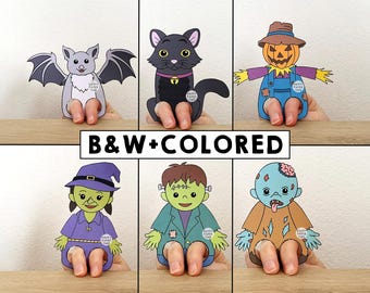 ハロウィンペーパークラフト、印刷可能な指人形テンプレート、子供向けクラフト、不気味な日の誕生日パーティー、子供向けぬりえ人形印刷可能 - ダウンロード