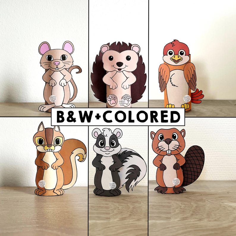 Forest Animals Toilet Paper Roll Craft Forest Party Coloring Printable Decoration Kids Wild Play Cut out Glue DIY - Instant Download image 1