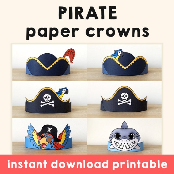 Pirate papier couronnes Pirate capitaine perroquet requin imprimable Costume bricolage fête enfants bandeau papier chapeau artisanat anniversaire faveur Télécharger