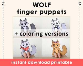 Wolf puppet paper craft printable Finger Puppet Kids Craft Animal Birthday Party Forest animal Coloring paper print out - Instant Download