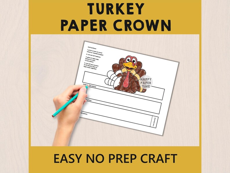 Fascia per capelli da tacchino, corona di carta, cappello, festa del Ringraziamento, da colorare, stampabile, per bambini, costume, bomboniera, autunno, fai da te - Download immediato immagine 3