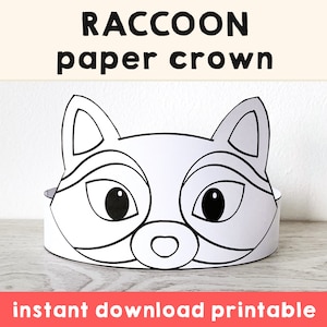 Raccoon Paper Crown Coloring Printable Kids Craft Woodland Forest Birthday Party Favor Raccoon Costume DIY Printable Instant Download