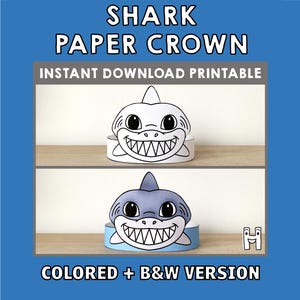Shark Paper Crown Party Coloring Printable party hat Kids Craft Ocean animal Birthday Decor template Favor pdf Costume DIY, Instant Download