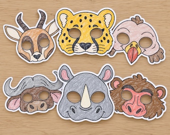 Afrikanische Tiermasken zum Ausdrucken (PDF), 6 Safari-Kostüme, einfache Bastelvorlage für Kinder, Kinder- und Erwachsenengrößen, sofortiger Download